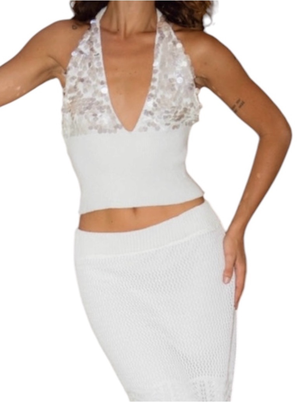 NWT 12th Tribe Trinity Knit Sequin Halter Top White L Cropped Soft